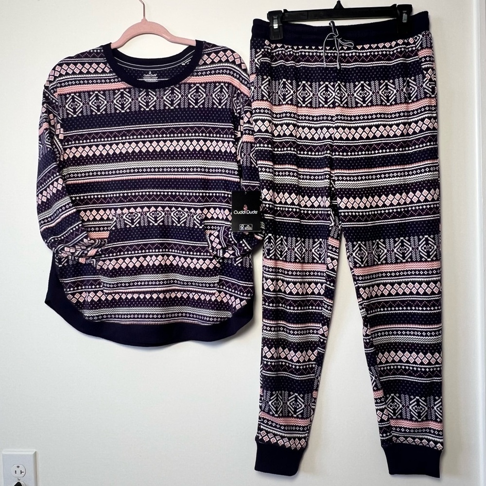 Cuddl Duds Pajama Set - Navy, Pink, and White NEW